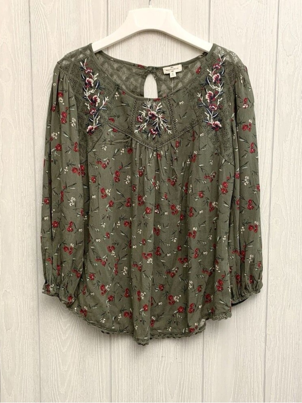 Embroidered Floral Peasant Blouse - Olive Green